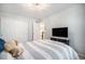 Bedroom showcasing a comfy bed with a gray and white blanket and sliding closet doors at 12051 E Lake Cir, Greenwood Village, CO 80111