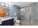 Updated bathroom with a walk-in shower and modern vanity at 9696 E Sand Lily Ln, Parker, CO 80134