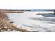 Snowy shoreline of a frozen lake with bare trees and plants, seen on a bright, sunny day at 5252 W 68Th Ave, Arvada, CO 80003