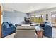 Bright living room with large windows, comfortable blue seating, and mountain views at 278 Snowshoe Cir, Breckenridge, CO 80424