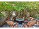 Seating area with a stone fire pit, featuring cushioned seating and shade from surrounding trees and bushes at 8717 Ridgepoint Dr, Castle Pines, CO 80108