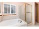 Bright bathroom showcasing a luxurious bathtub and a glass-enclosed shower for a relaxing experience at 15565 Flowerhill Cir, Parker, CO 80134