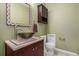 Stylish powder room with a vessel sink, unique mirror, and decorative accents at 3389 Willowrun Dr, Castle Rock, CO 80109