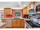 Open kitchen with stainless steel dishwasher, oak cabinets, and backyard views at 12752 W Dakota Ave, Lakewood, CO 80228