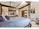 Spacious bedroom featuring a four-poster bed, mirrored closet, and en-suite bathroom at 4992 White House Trl, Evergreen, CO 80439