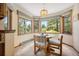 A charming dining area features bay windows that offer picturesque views of the surrounding landscape, creating a serene dining experience at 4992 White House Trl, Evergreen, CO 80439
