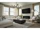 Bright living room featuring a fireplace, large windows, and stylish modern furniture at 21004 E 63Rd Dr, Aurora, CO 80019