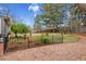 Large backyard with mature trees, iron fence, and red stone pathway at 7148 S Dahlia Ct, Centennial, CO 80122