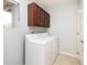Bright laundry room with front load washer and dryer, cabinetry, and light paint at 10154 Belvedere Loop, Lone Tree, CO 80124
