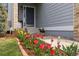 Inviting front porch with colorful tulip garden, stone-lined walkway, and stylish front door at 12742 Vrain St, Broomfield, CO 80020