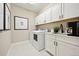 Clean and organized laundry room featuring white cabinets, washer, dryer, and modern fixtures at 8360 Snake River St, Littleton, CO 80125