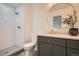 Bathroom featuring a modern vanity, round mirror, toilet and a shower with stylish chevron tile at 22367 Quail Run Dr, Parker, CO 80138