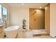 Bright bathroom with a freestanding tub, elegant fixtures, a plant, and a modern shower with wood-look tile at 22367 Quail Run Dr, Parker, CO 80138