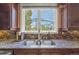 Close-up of kitchen sink area featuring granite countertops and a garden view at 8518 High Ridge, Castle Pines, CO 80108