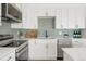 Modern white kitchen with stainless steel appliances and herringbone backsplash at 6539 Pinewood Dr # 57, Parker, CO 80134