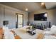 Finished basement features a large tv, gray paint, a modern entertainment system and neutral carpet at 16088 Denver Pacific Dr, Monument, CO 80132