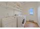 Bright laundry room with a utility sink, washer, dryer, storage shelving, and a mountain view window at 31231 Red Hawk Trl, Conifer, CO 80433
