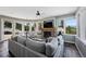 Bright living room with a stone fireplace, comfortable seating, and panoramic views at 290 Skyhill Dr, Evergreen, CO 80439