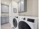 Gray laundry room with modern washer and dryer, gray cabinets, utility sink and tile flooring at 14565 Vancouver Pl, Parker, CO 80134