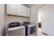Laundry room features side-by-side washer and dryer and upper cabinet storage at 7932 E 49Th Pl, Denver, CO 80238