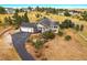 Beautiful aerial view of a home with a manicured lawn, mature trees, and a long driveway at 3639 Pine Meadow Ave, Parker, CO 80138