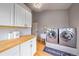 A well-organized laundry room with white cabinetry, wood countertop and modern washer and dryer at 3639 Pine Meadow Ave, Parker, CO 80138