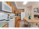 Cozy kitchen with wooden cabinets, essential appliances, and dining table at 16848 E Gunnison Dr # 9E, Aurora, CO 80017