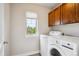 Bright laundry room with side-by-side washer and dryer, window, and built-in cabinets above appliances at 10671 E 28Th Ave, Denver, CO 80238