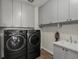 Functional laundry room featuring a stainless steel washer and dryer set with overhead cabinets at 3929 Spanish Oaks Trl, Castle Rock, CO 80108