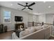Relaxing living room features a ceiling fan, mounted TV, and a view from the window at 3929 Spanish Oaks Trl, Castle Rock, CO 80108