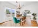Sun-drenched dining room with hardwood floors, chandelier lighting and backyard view at 3106 N Franklin St, Denver, CO 80205