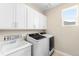Well-equipped laundry room featuring white cabinets, a sink, and modern appliances, complemented by a welcome sign at 15640 Spruce St, Thornton, CO 80602