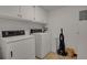 A clean, functional laundry room equipped with a washer, dryer, and shelving at 7000 E Quincy Ave # 302, Denver, CO 80237