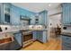 Modern kitchen featuring stainless steel appliances, marble backsplash, and blue cabinets at 629 Bellaire St, Denver, CO 80220