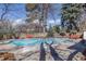 Backyard pool is surrounded by mature trees and a wooden fence at 629 Bellaire St, Denver, CO 80220