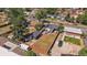 Aerial view of property showcasing fenced yard, detached garage, patio seating, and surrounding neighborhood at 1742 S Alcott St, Denver, CO 80219