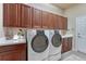 Functional laundry room with ample cabinet space, modern washer and dryer, and a sink at 3125 Starling Ct, Castle Rock, CO 80109