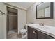 Updated bathroom with a modern vanity, stylish fixtures, and a tiled walk-in shower for a sleek design at 6482 S Cedar St, Littleton, CO 80120