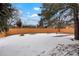 This private backyard features a newly constructed fence, large trees, and a snow-covered lawn at 6087 S Elizabeth Way, Centennial, CO 80121