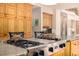 Close up view of kitchen cooktop with granite countertops, wooden cabinets, and stainless steel appliances at 22554 Treetop Ln, Golden, CO 80401