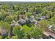 An aerial shot displaying a residential neighborhood with green trees, tidy lawns, and well-spaced homes at 1431 S Glencoe St, Denver, CO 80222