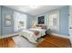 Bright bedroom with light blue walls, hardwood floors, and natural light from two windows at 1582 Steele St, Denver, CO 80206