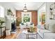 Cozy living room with exposed brick wall, fireplace, and comfortable seating at 1582 Steele St, Denver, CO 80206