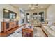Cozy living room with a fireplace, large windows, and hardwood floors at 8054 E 152Nd Dr, Thornton, CO 80602