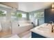 Bathroom featuring a modern bathtub, walk-in shower, blue cabinets, and ample natural light at 4220 Quitman St, Denver, CO 80212