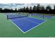 Well-maintained pickleball courts with vibrant blue surfaces, surrounded by a green perimeter and fencing at 16550 Antero Cir, Broomfield, CO 80023