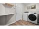 Efficient laundry room with modern washer and dryer, convenient folding space, and ample shelving for storage at 1011 S Valentia St # 3, Denver, CO 80247