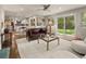 Inviting living room with hardwood floors, a ceiling fan, and access to the backyard through sliding glass doors at 6128 S Coventry E Ln, Littleton, CO 80123