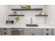 Modern kitchenette featuring a sleek sink, floating shelves, and modern appliances for convenient food preparation at 2845 Eaton St, Wheat Ridge, CO 80214