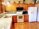 Kitchen features wood cabinets, mosaic backsplash, double sink, and white appliances at 12425 Bellaire Dr, Thornton, CO 80241